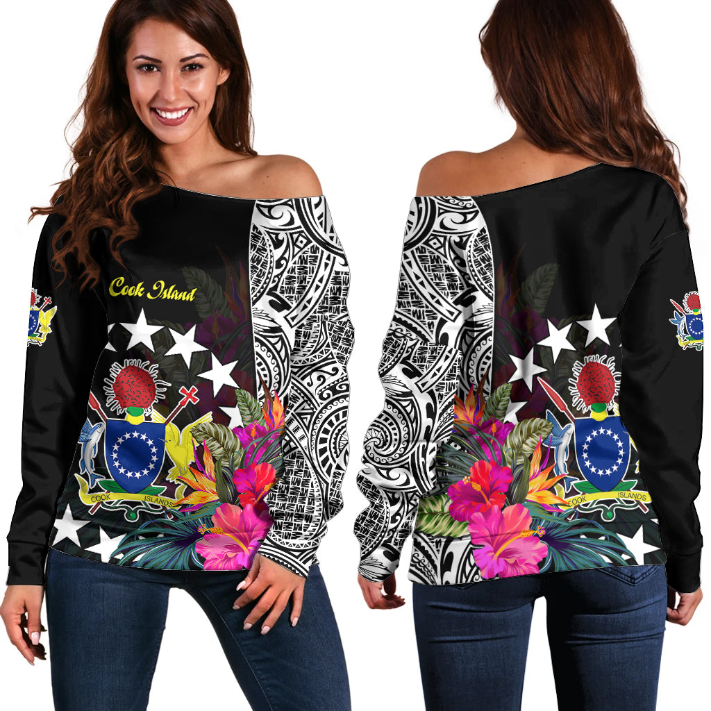 Cook Island Off Shoulder Sweater Tribal Polynesian and Tropical Flowers LT9 Women Black - Polynesian Pride