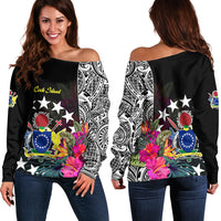 Cook Island Off Shoulder Sweater Tribal Polynesian and Tropical Flowers LT9 Women Black - Polynesian Pride