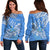 FSM Kosrae State Off Shoulder Sweater Polynesian Floral Tribal LT9 Women Blue - Polynesian Pride