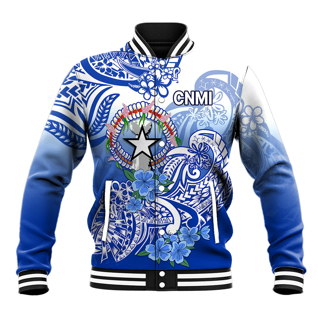 Northern Mariana Islands Baseball Jacket Polynesian Floral Tribal LT9 Unisex Blue - Polynesian Pride