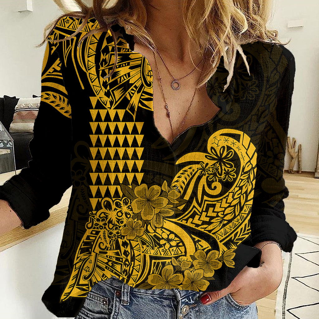 Hawaii Kakau Women Casual Shirt Polynesian Floral Tribal Gold Version LT9 Female Gold - Polynesian Pride