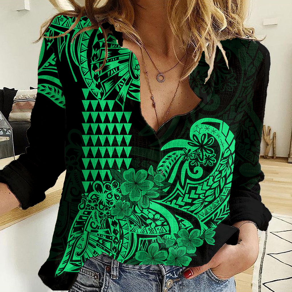 Hawaii Kakau Women Casual Shirt Polynesian Floral Tribal Green Version LT9 Female Green - Polynesian Pride