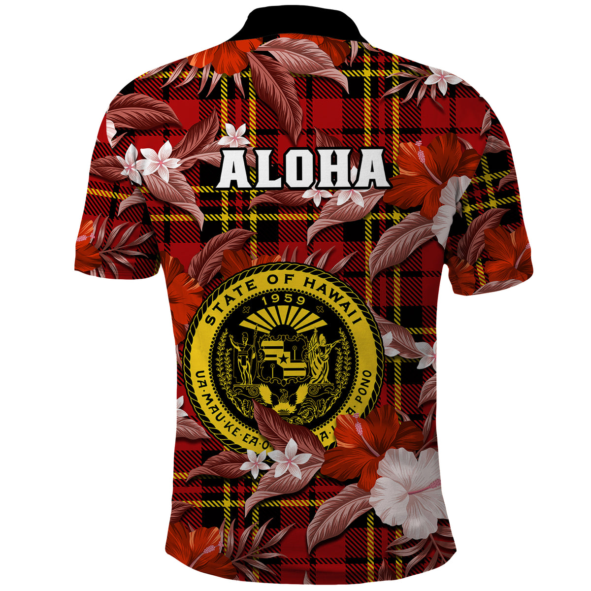 Hawaii State Polo Shirt Tropical Flowers Mix Tartan Red Version LT14 - Polynesian Pride