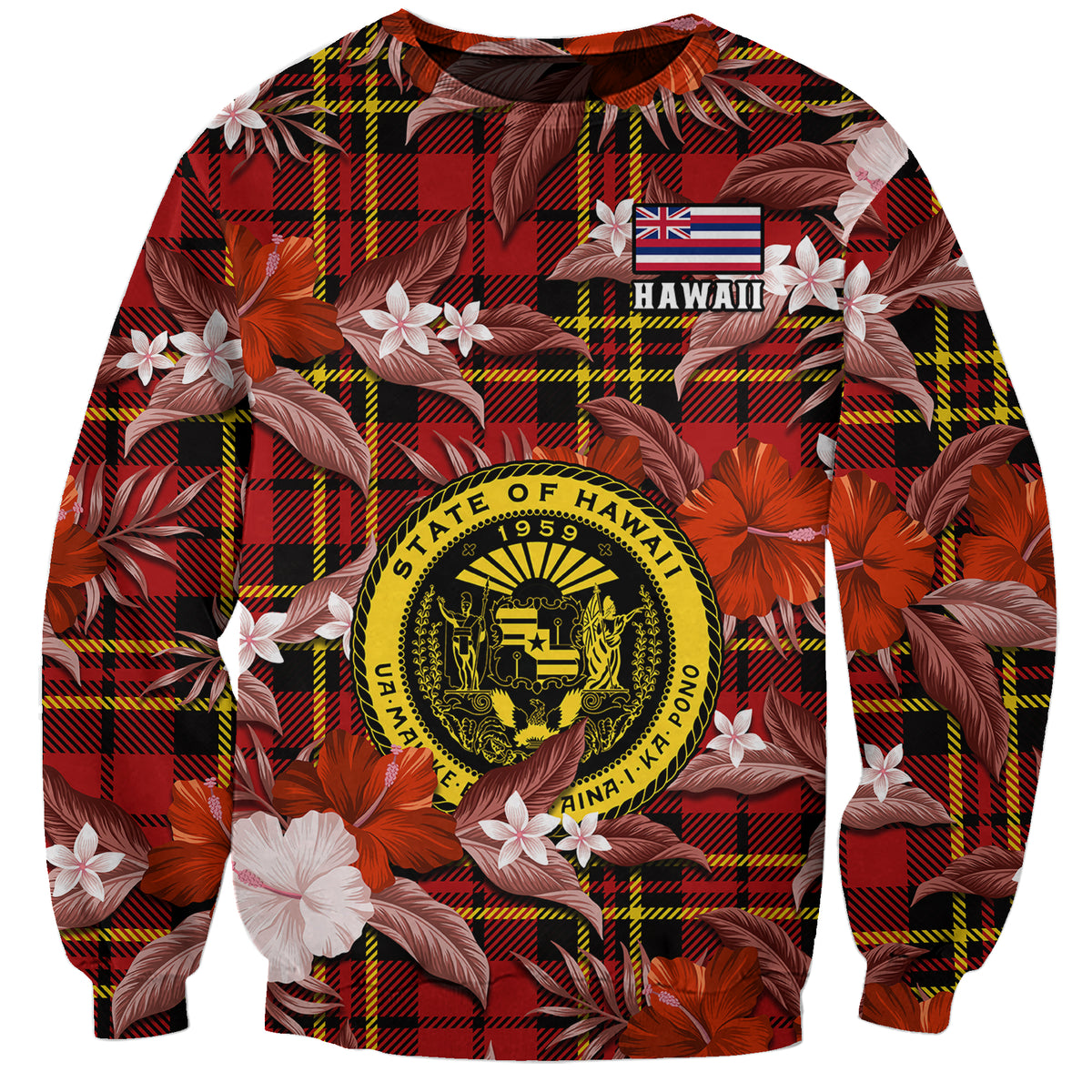 Hawaii State Sweatshirt Tropical Flowers Mix Tartan Red Version LT14 Unisex Red - Polynesian Pride