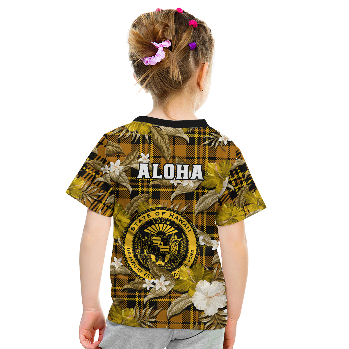 Hawaii State Kid T Shirt Tropical Flowers Mix Tartan Gold Version LT14 - Polynesian Pride