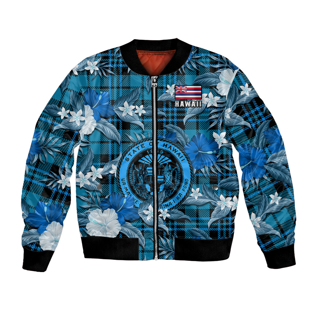 Hawaii State Bomber Jacket Tropical Flowers Mix Tartan Blue Version LT14 Unisex Blue - Polynesian Pride
