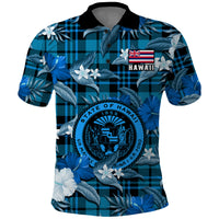 Hawaii State Polo Shirt Tropical Flowers Mix Tartan Blue Version LT14 Blue - Polynesian Pride