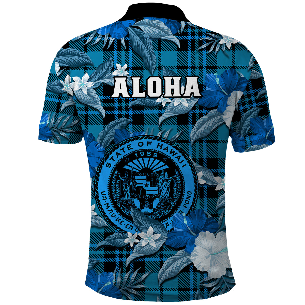 Hawaii State Polo Shirt Tropical Flowers Mix Tartan Blue Version LT14 - Polynesian Pride