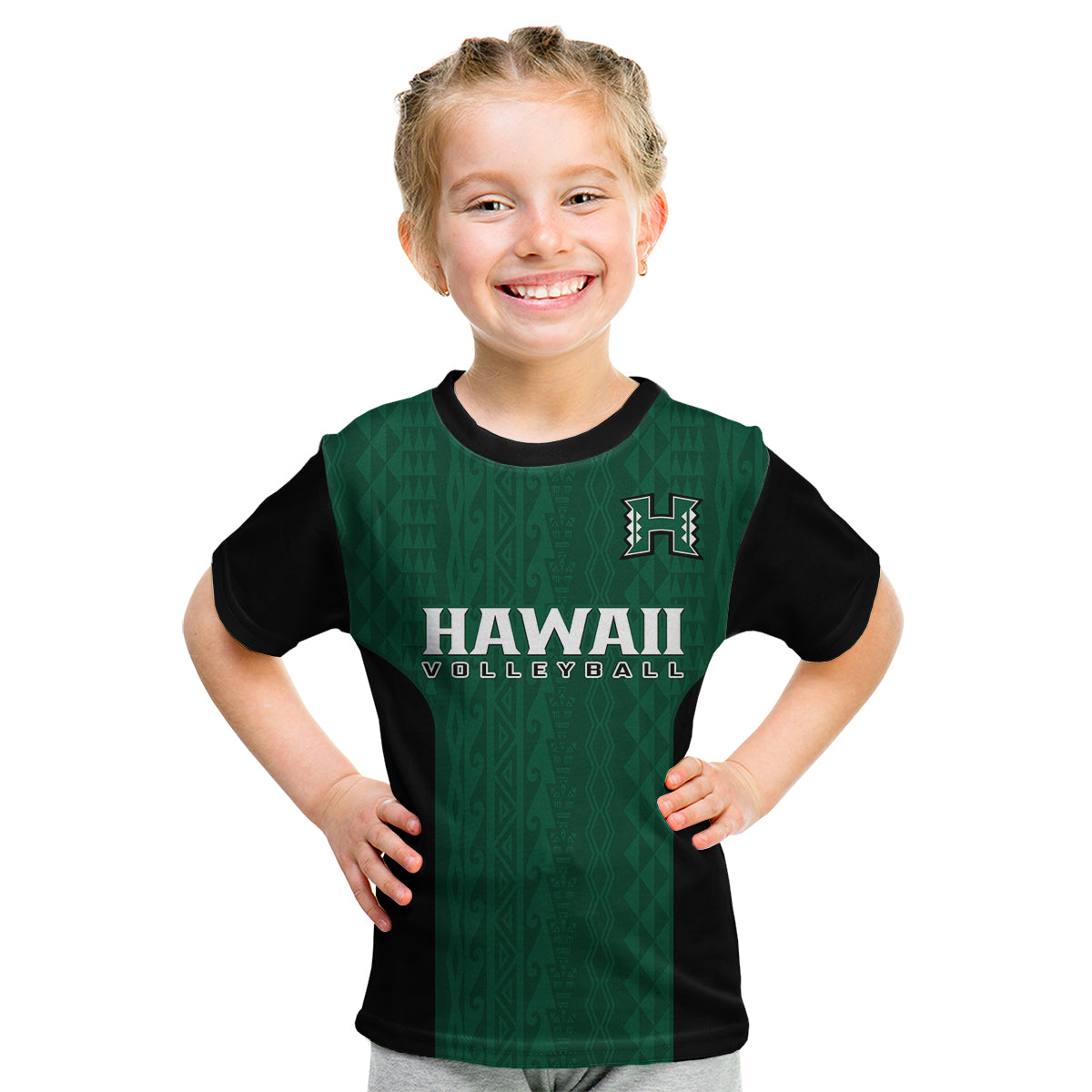 (Custom Text And Number) Hawaii Volleyball Kid T Shirt Hawaiian Kakau Green Style LT14 Youth XL Size14 - Polynesian Pride