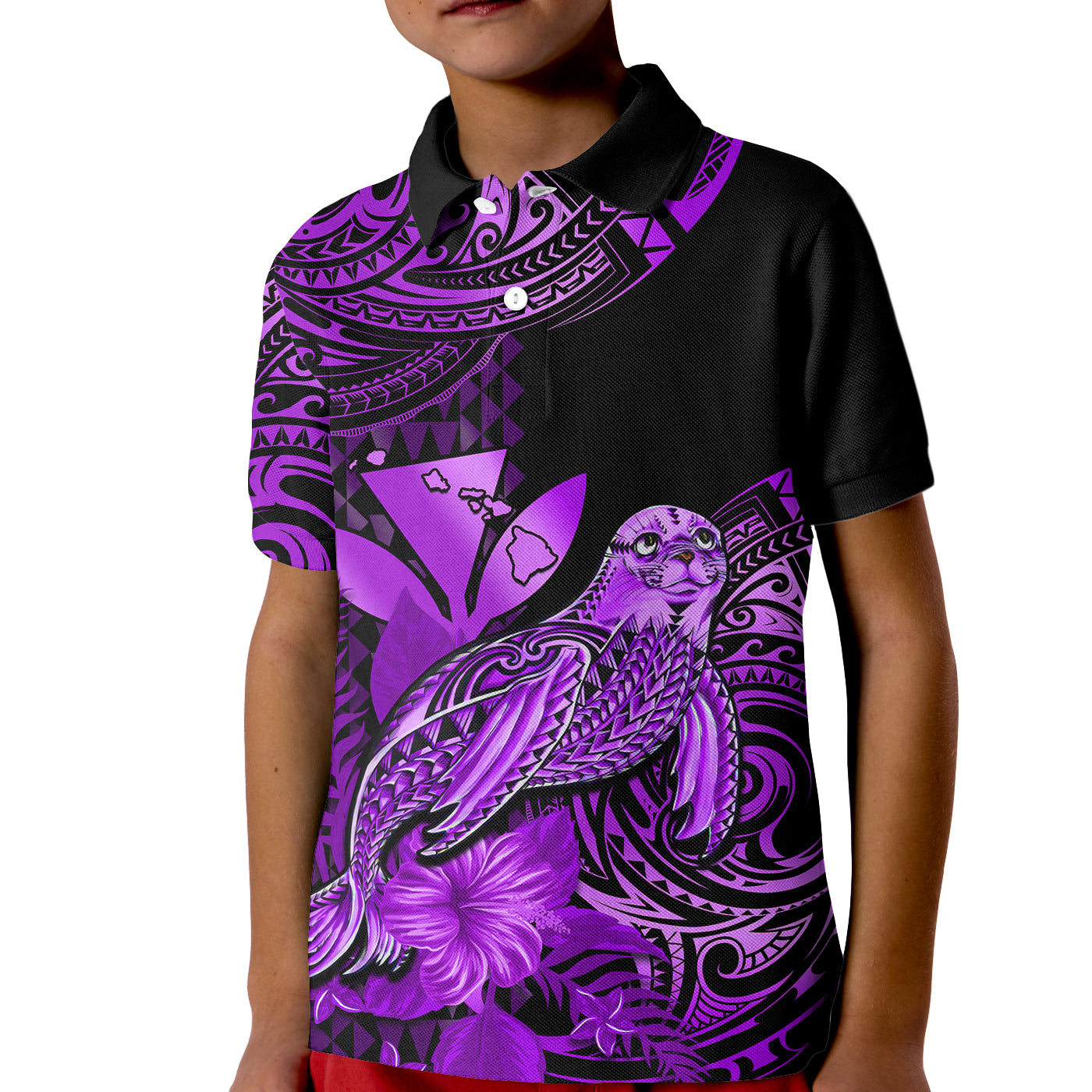 (Custom Personalised) Hawaii Monk Seal Kid Polo Shirt Polynesian Kakau With Kanaka Purple LT14 Kid Purple - Polynesian Pride