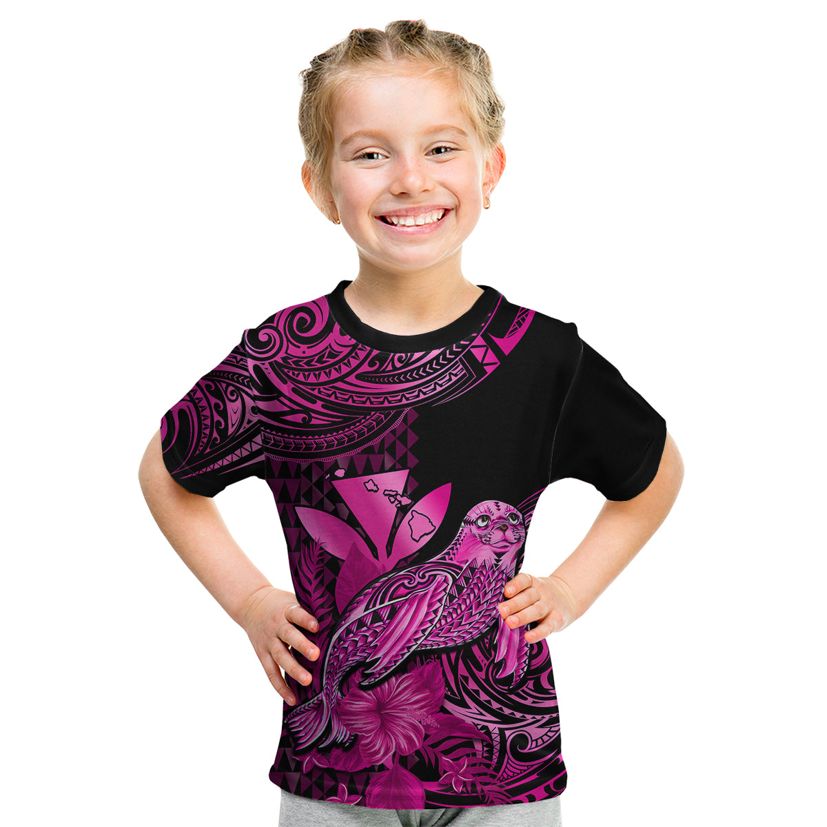 (Custom Personalised) Hawaii Monk Seal Kid T Shirt Polynesian Kakau With Kanaka Pink LT14 - Polynesian Pride