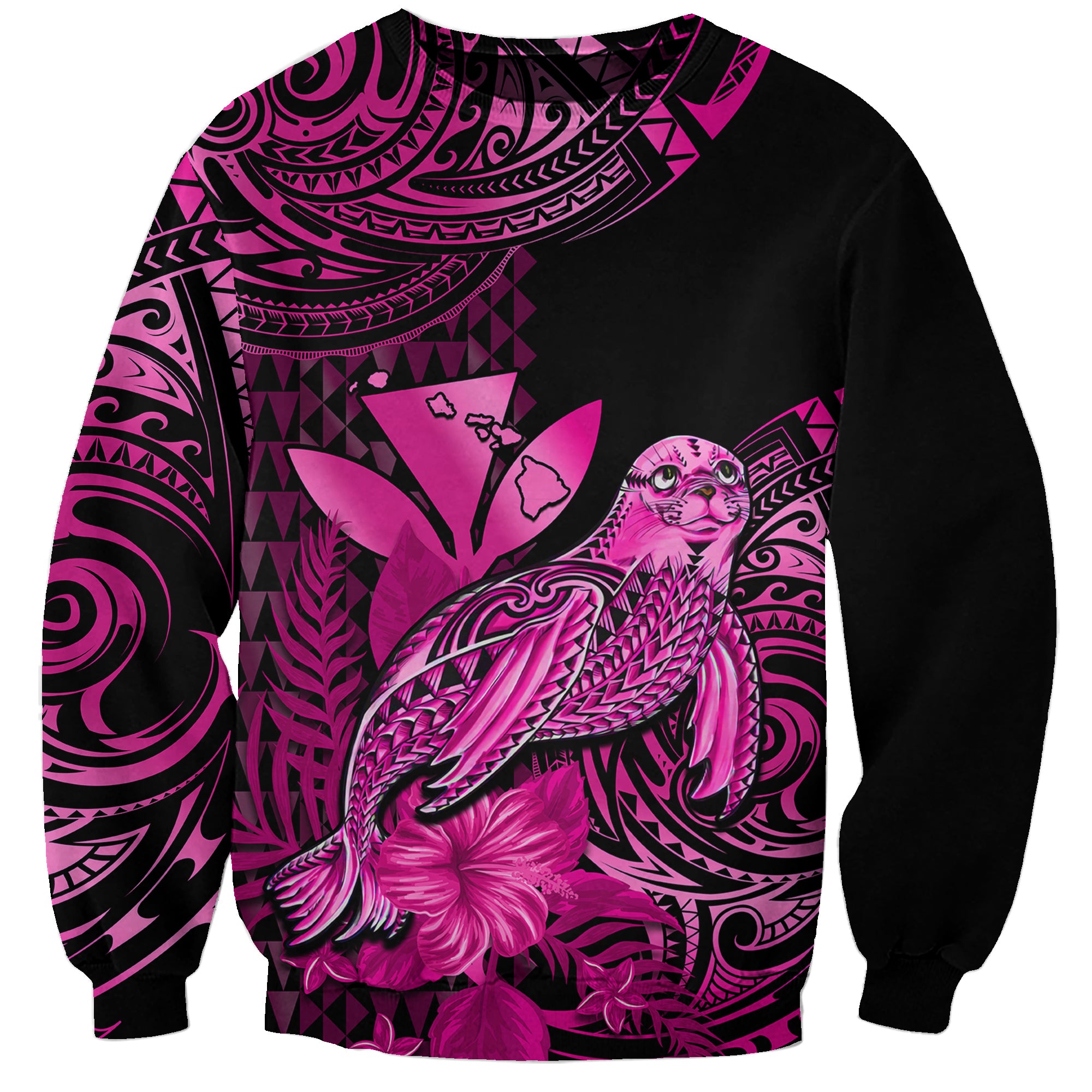 (Custom Personalised) Hawaii Monk Seal Sweatshirt Polynesian Kakau With Kanaka Pink LT14 Unisex Pink - Polynesian Pride