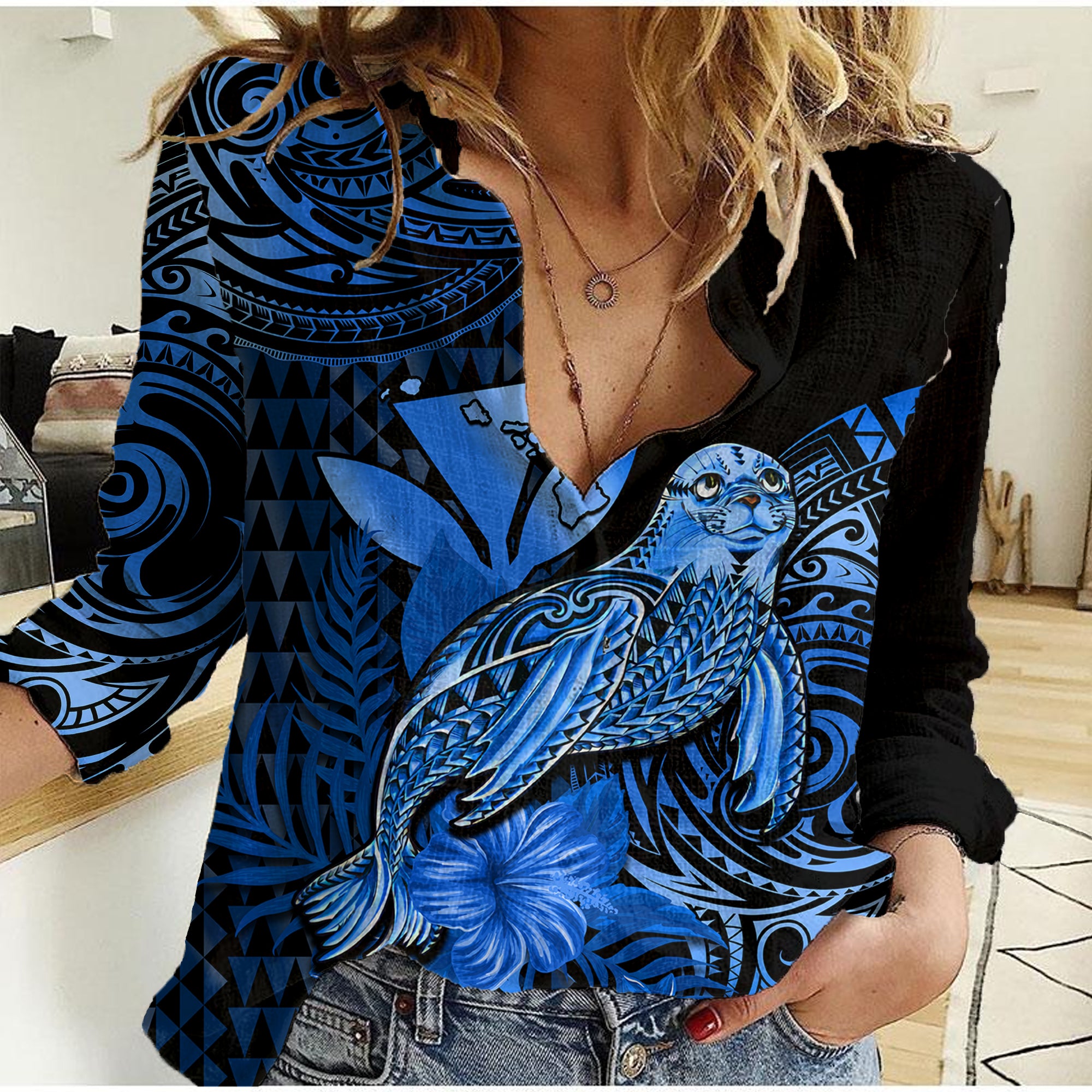 (Custom Personalised) Hawaii Monk Seal Women Casual Shirt Polynesian Kakau With Kanaka Blue LT14 Female Blue - Polynesian Pride