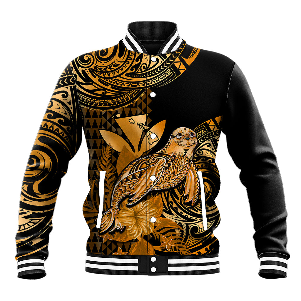 (Custom Personalised) Hawaii Monk Seal Baseball Jacket Polynesian Kakau With Kanaka Gold LT14 Unisex Gold - Polynesian Pride