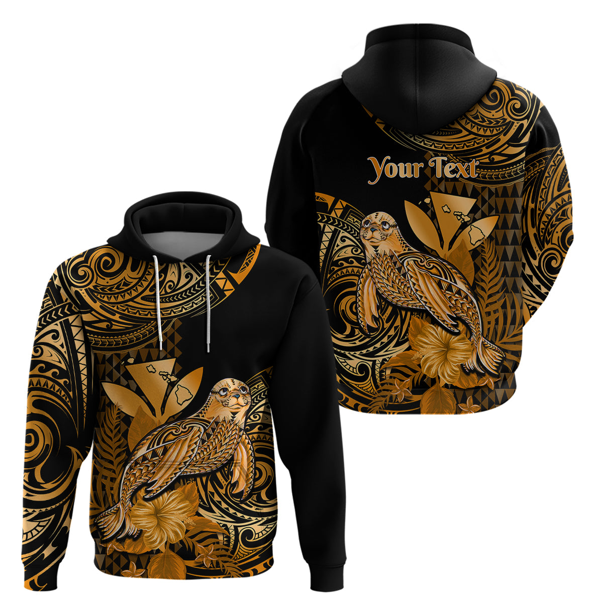 Custom Hawaii Monk Seal Hoodie Polynesian Kakau With Kanaka Gold LT14 Pullover Hoodie Gold - Polynesian Pride