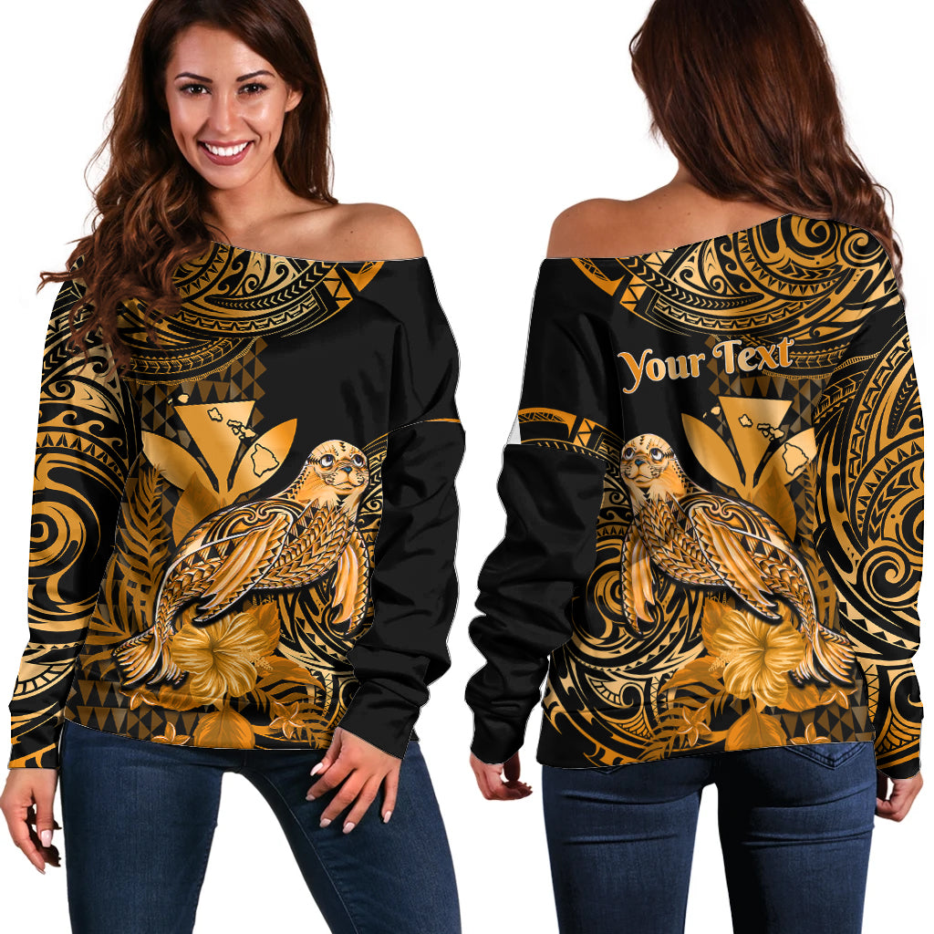 (Custom Personalised) Hawaii Monk Seal Off Shoulder Sweater Polynesian Kakau With Kanaka Gold LT14 Women Gold - Polynesian Pride