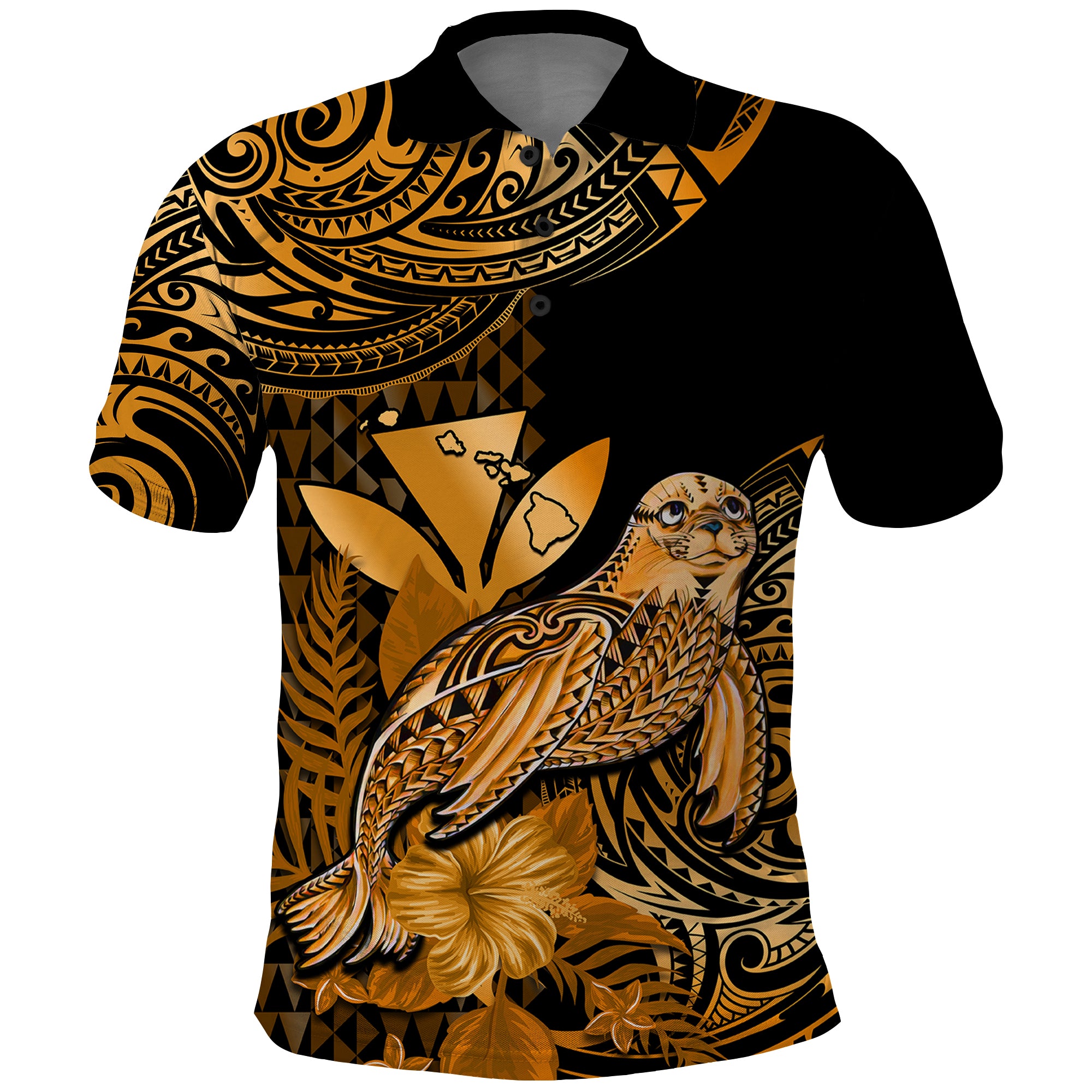 Custom Hawaii Monk Seal Polo Shirt Polynesian Kakau With Kanaka Gold LT14 Gold - Polynesian Pride