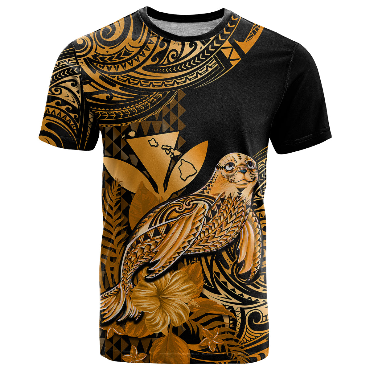 Custom Hawaii Monk Seal T Shirt Polynesian Kakau With Kanaka Gold LT14 Gold - Polynesian Pride