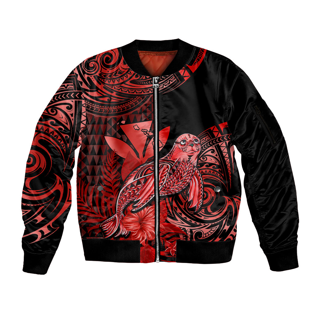 (Custom Personalised) Hawaii Monk Seal Sleeve Zip Bomber Jacket Polynesian Kakau With Kanaka Red LT14 Unisex Red - Polynesian Pride