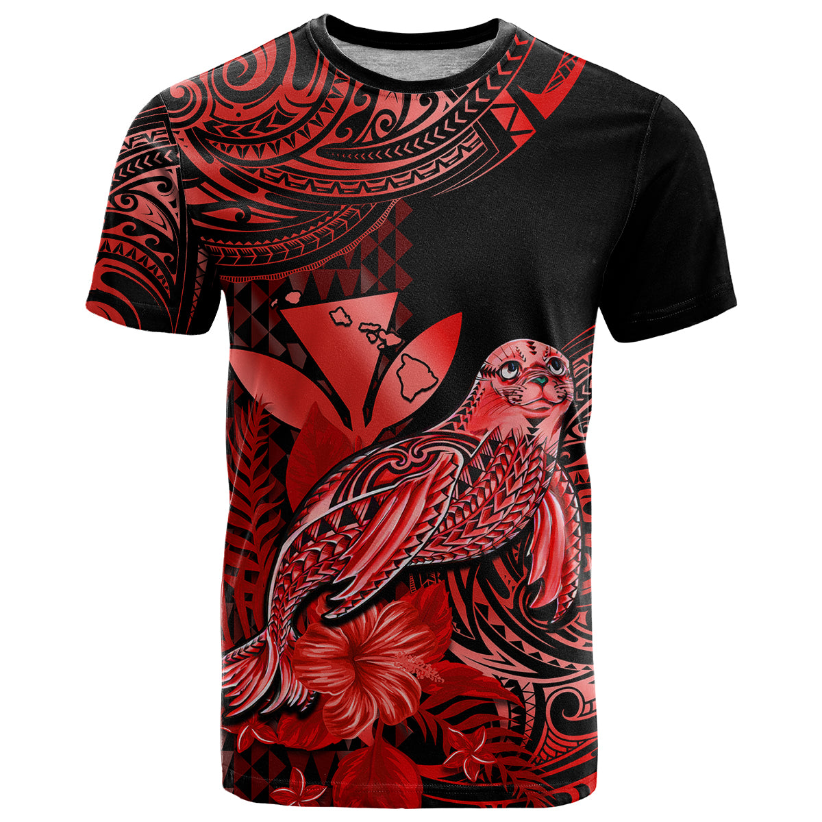 Custom Hawaii Monk Seal T Shirt Polynesian Kakau With Kanaka Red LT14 Red - Polynesian Pride