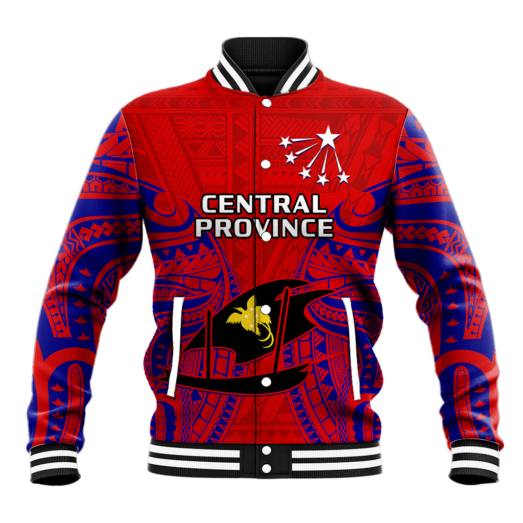 (Custom Personalised) Papua New Guinea Baseball Jacket Central Province Mix Coat Of Arms Polynesian Art LT14 Unisex Red - Polynesian Pride