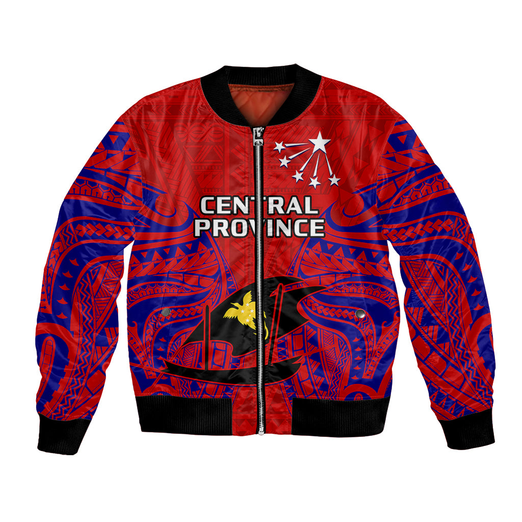 (Custom Personalised) Papua New Guinea Bomber Jacket Central Province Mix Coat Of Arms Polynesian Art LT14 Unisex Red - Polynesian Pride