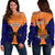 (Custom Personalised) Papua New Guinea Off Shoulder Sweater New Ireland Province Mix Coat Of Arms Polynesian Art LT14 Women Orange - Polynesian Pride