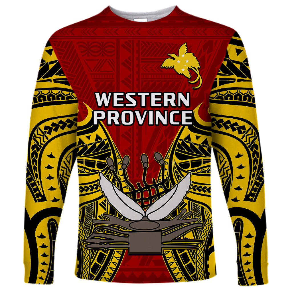 Papua New Guinea Long Sleeve Shirt Western Province Mix Coat Of Arms Polynesian Art LT14 Unisex Red - Polynesian Pride