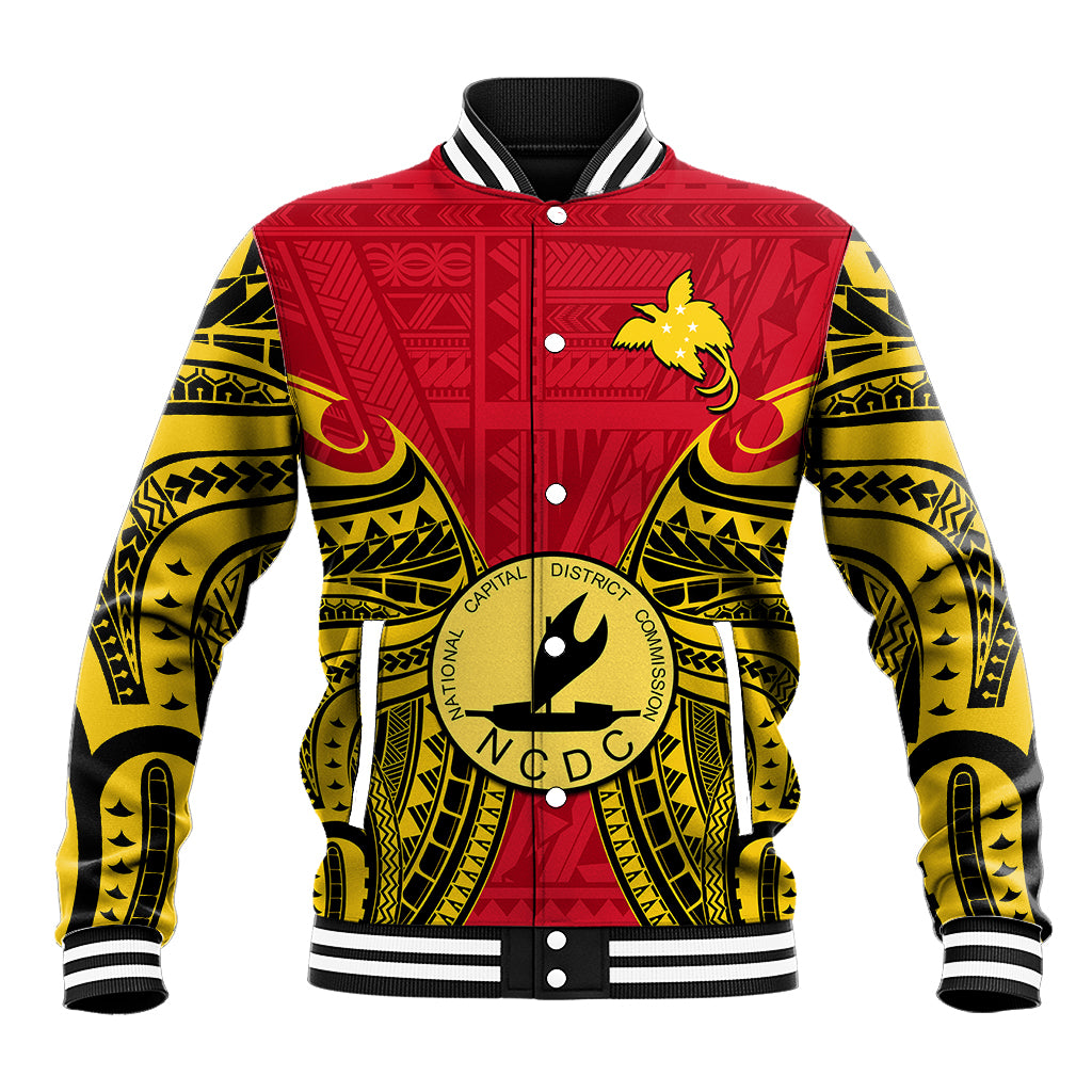 (Custom Personalised) Papua New Guinea Baseball Jacket National Capital District Mix Coat Of Arms Polynesian Art LT14 Unisex Red - Polynesian Pride