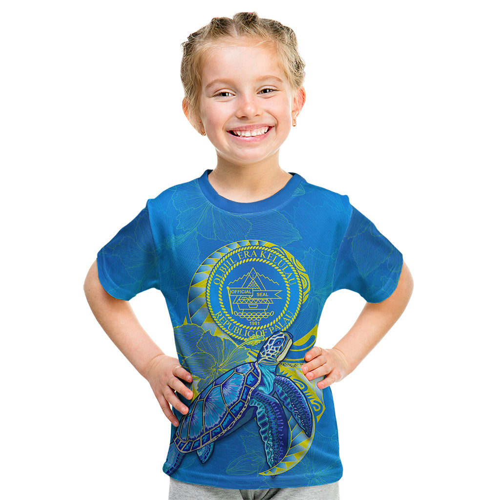 (Custom Personalised) Palau Kid T Shirt Hibiscus Turtle Mix Coat Of Arms Blue Version LT14 Youth XL Size14 - Polynesian Pride