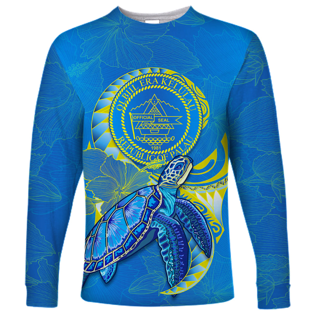 (Custom Personalised) Palau Long Sleeve Shirt Hibiscus Turtle Mix Coat Of Arms Blue Version LT14 Unisex Blue - Polynesian Pride