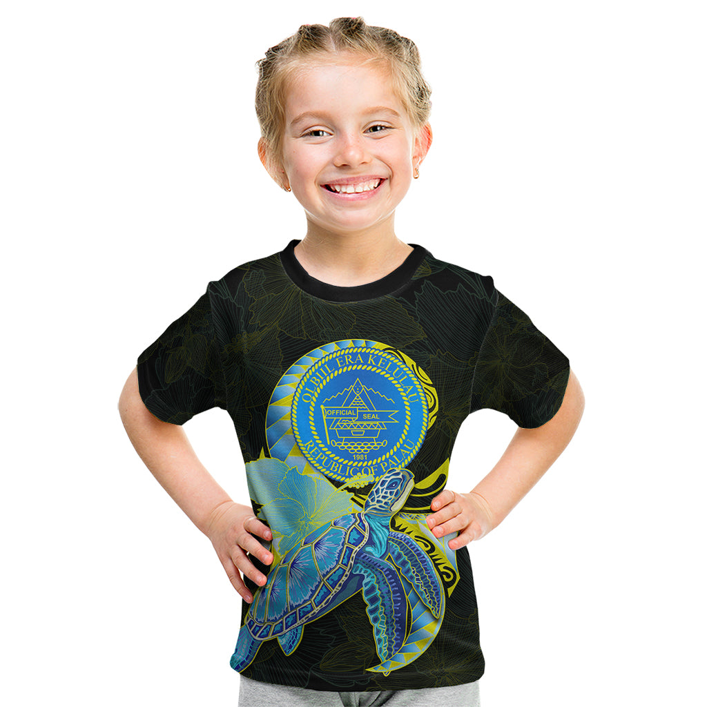 (Custom Personalised) Palau Kid T Shirt Hibiscus Turtle Mix Coat Of Arms Black Version LT14 Youth XL Size14 - Polynesian Pride