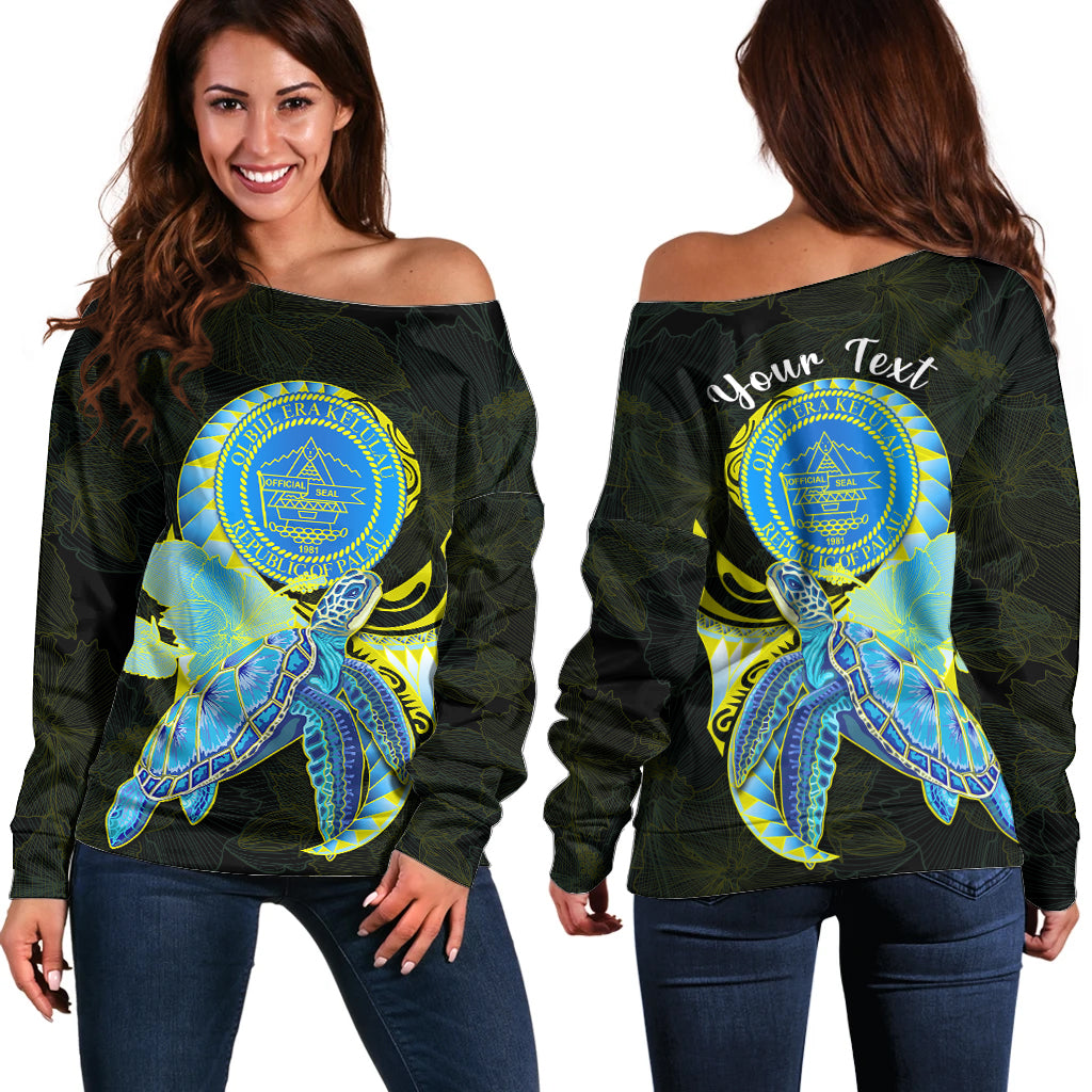 (Custom Personalised) Palau Off Shoulder Sweater Hibiscus Turtle Mix Coat Of Arms Black Version LT14 Women Black - Polynesian Pride