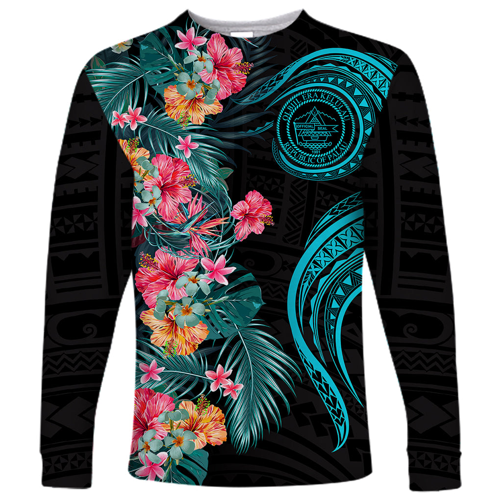 Palau Long Sleeve Shirt Tropical Flowers With Polynesian Pattern LT14 Unisex Black - Polynesian Pride