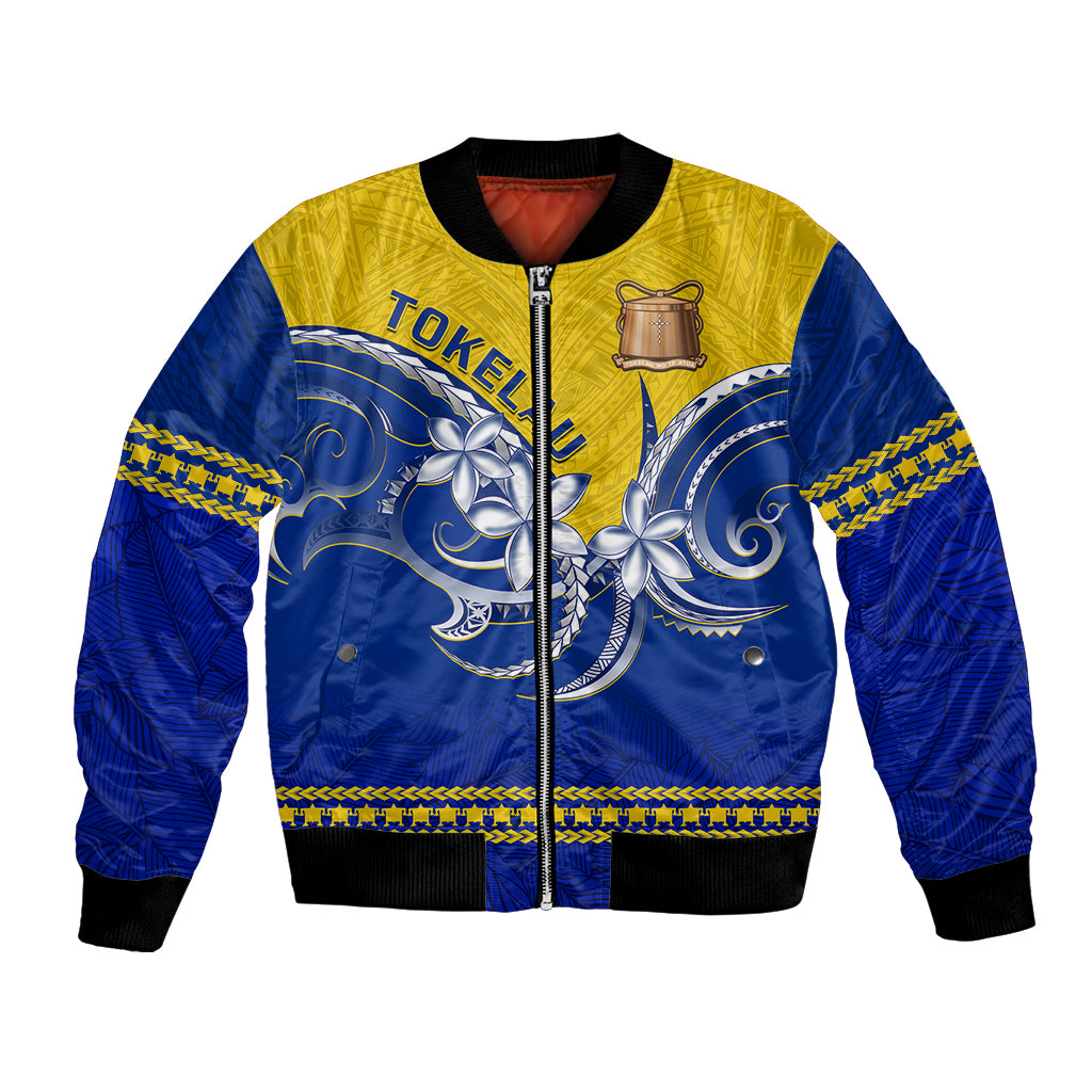 Personalised Tokelau Bomber Jacket Tokelauan Tatau Plumeria Special Style LT14 Unisex Blue - Polynesian Pride
