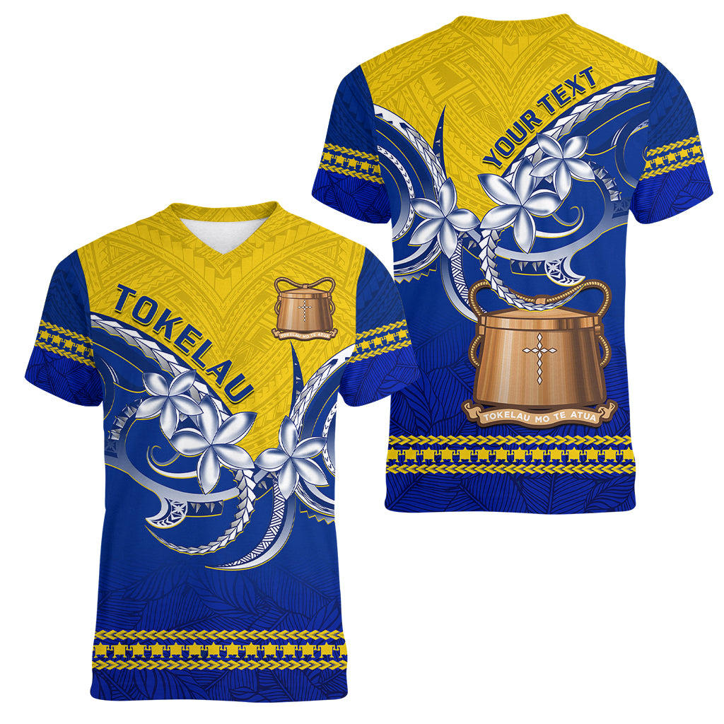 Tokelau Women V Neck T Shirt Tokelauan Tatau Plumeria Special Style LT14 Female Blue - Polynesian Pride