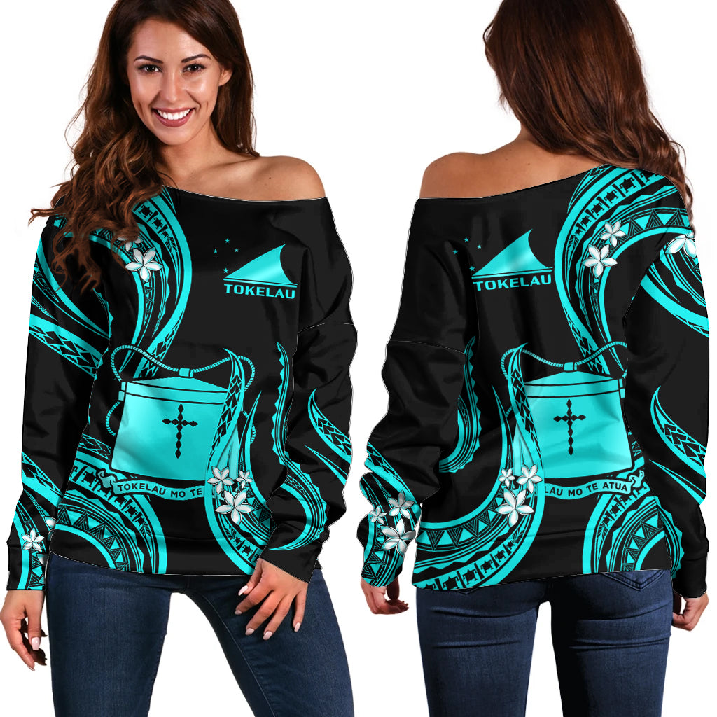 Tokelau Off Shoulder Sweater Tokelauan Tatau With Badge Light Turquoise LT14 Women Turquoise - Polynesian Pride