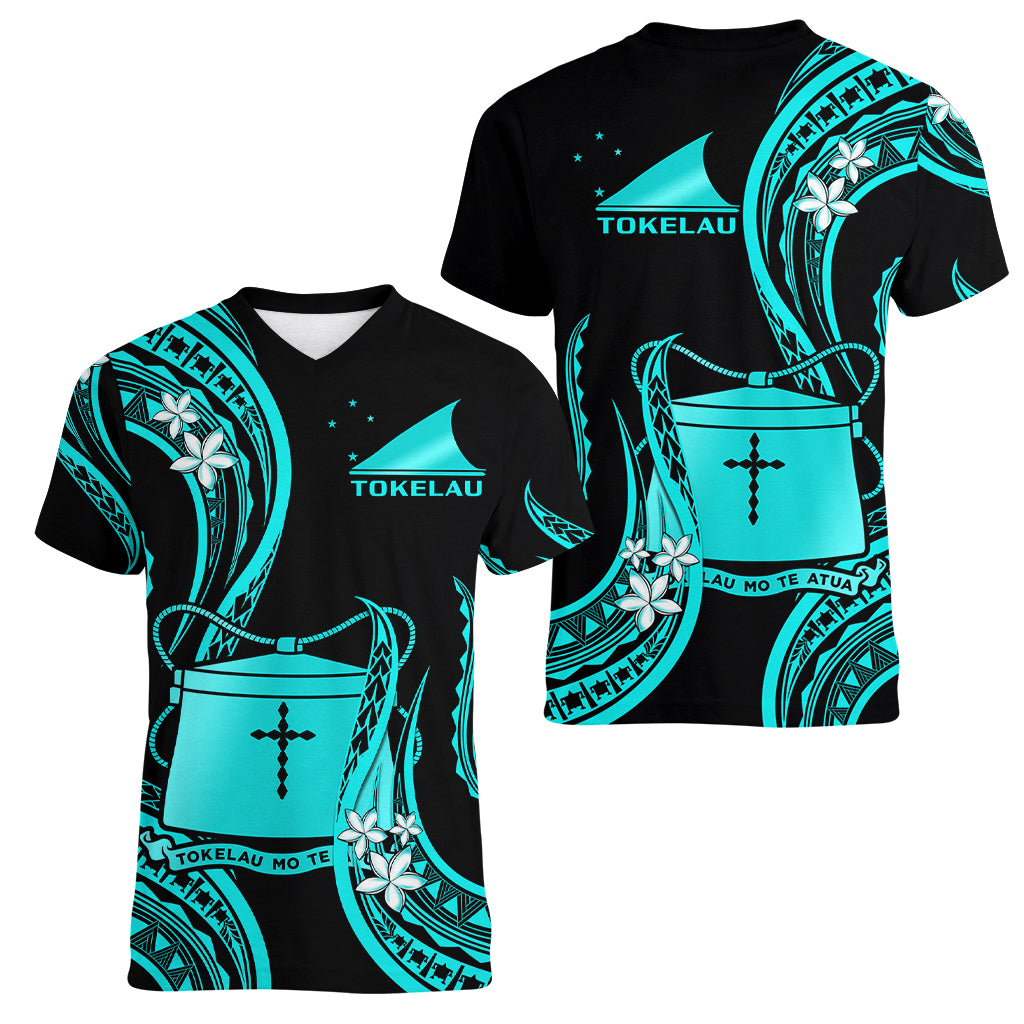 Tokelau Women V Neck T Shirt Tokelauan Tatau With Badge Light Turquoise LT14 Female Turquoise - Polynesian Pride