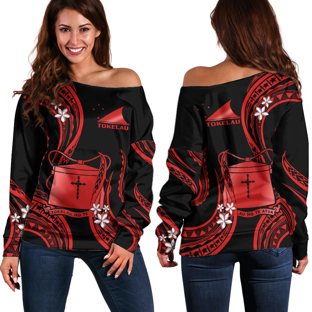 Tokelau Off Shoulder Sweater Tokelauan Tatau With Badge Red LT14 Women Red - Polynesian Pride