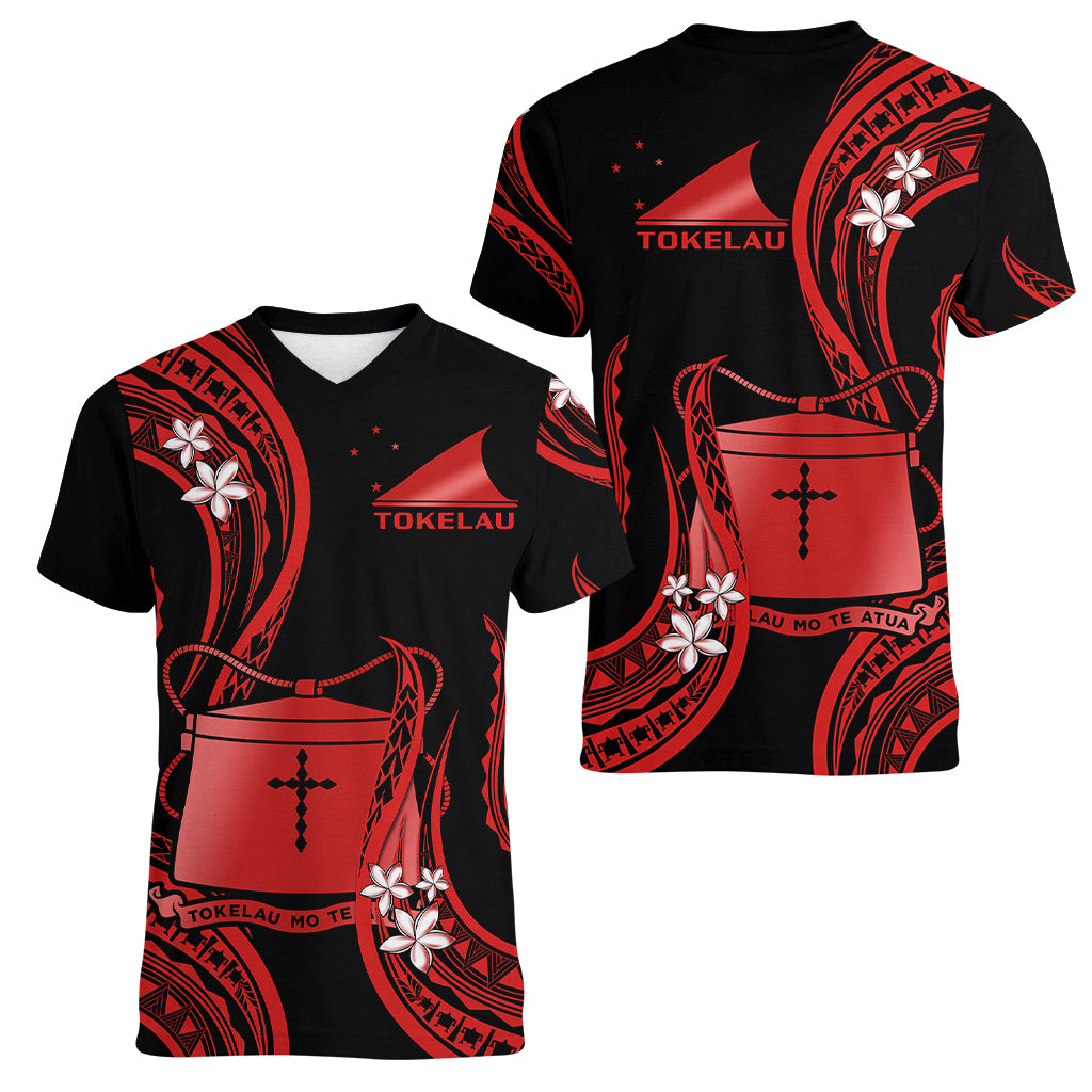 Tokelau Women V Neck T Shirt Tokelauan Tatau With Badge Red LT14 Female Red - Polynesian Pride