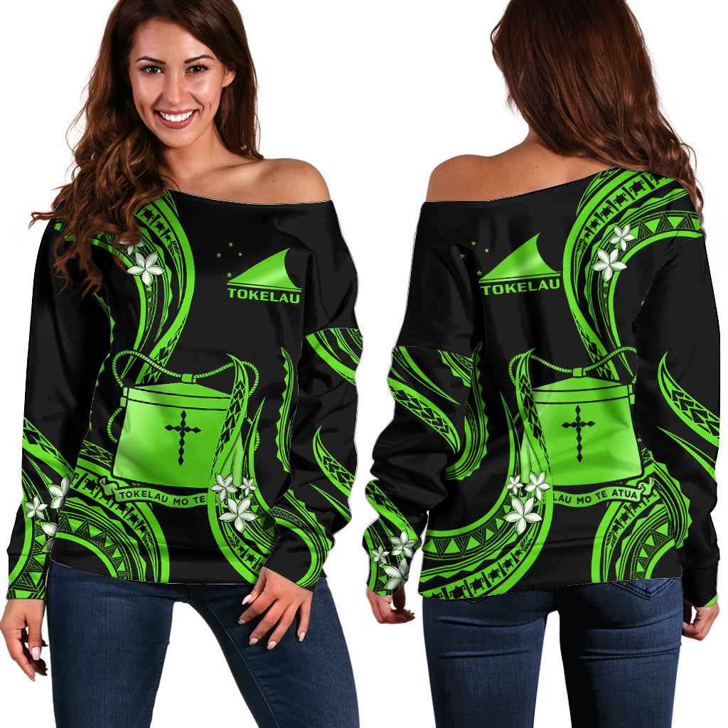 Tokelau Off Shoulder Sweater Tokelauan Tatau With Badge Green LT14 Women Green - Polynesian Pride