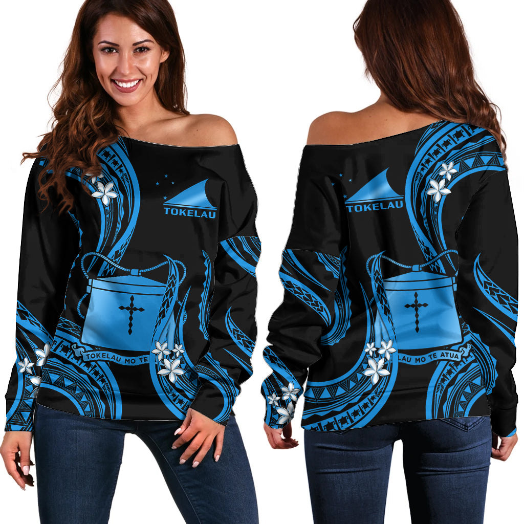 Tokelau Off Shoulder Sweater Tokelauan Tatau With Badge Blue LT14 Women Blue - Polynesian Pride