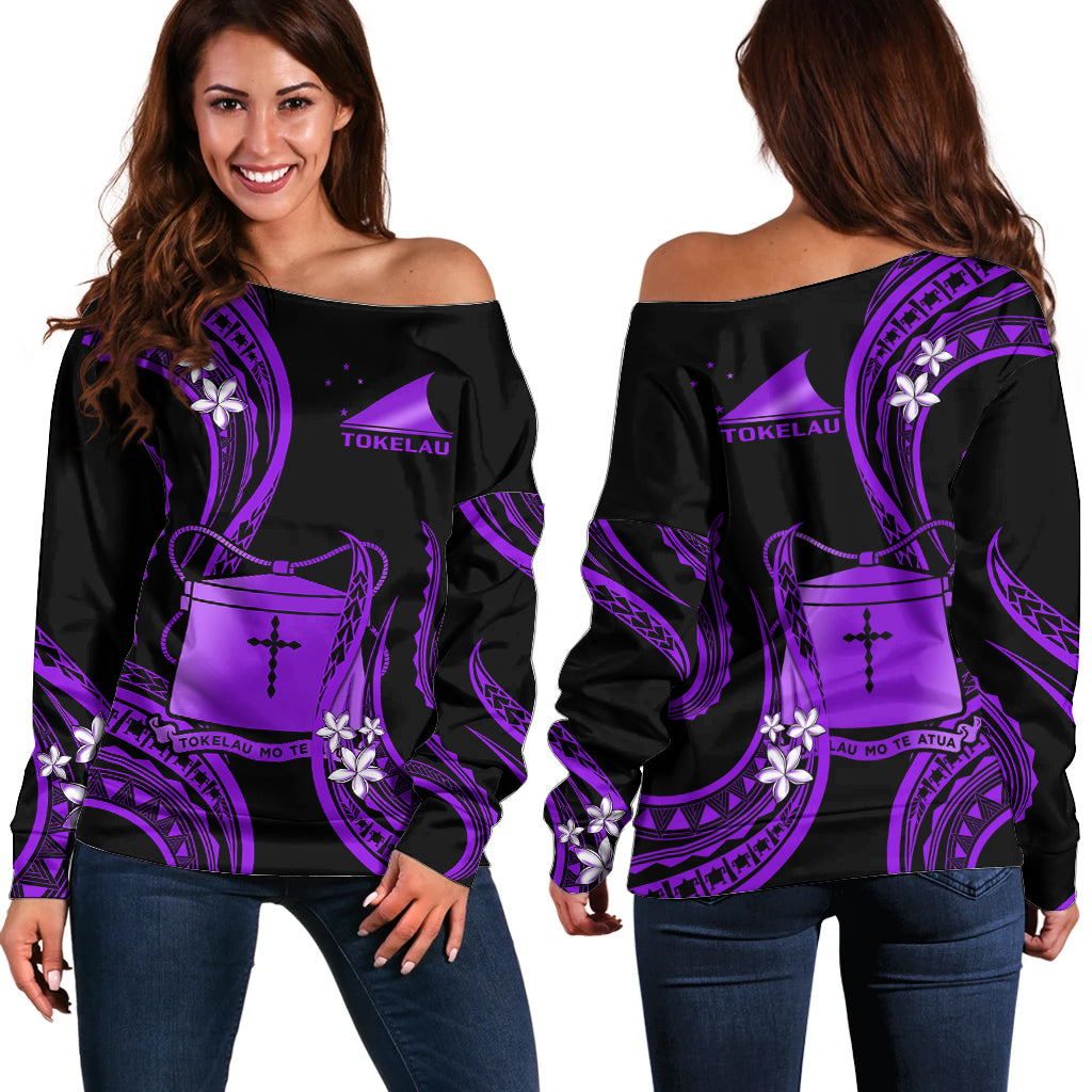 Tokelau Off Shoulder Sweater Tokelauan Tatau With Badge Purple LT14 Women Purple - Polynesian Pride