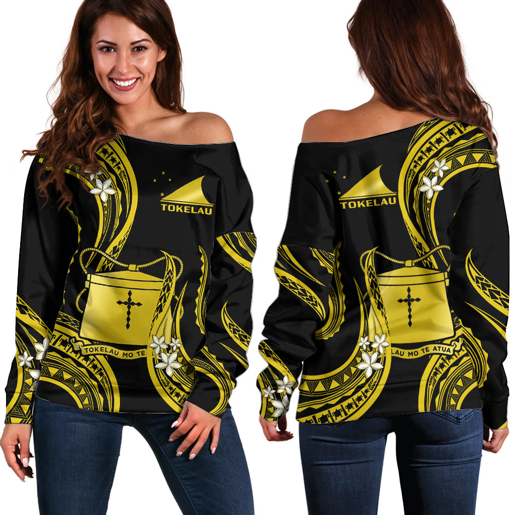 Tokelau Off Shoulder Sweater Tokelauan Tatau With Badge Yellow LT14 Women Yellow - Polynesian Pride