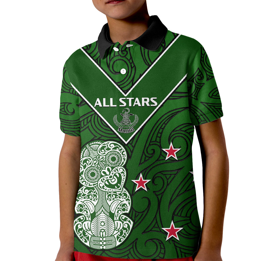 (Custom Text And Number) Aotearoa Rugby Kid Polo Shirt All Stars New Zealand Tiki Maori LT14 Kid Green - Polynesian Pride