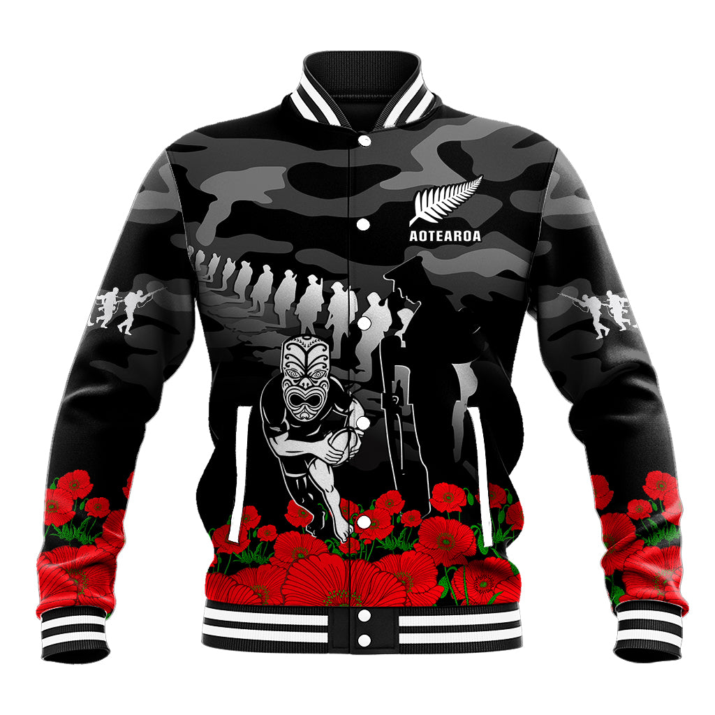 New Zealand ANZAC Rugby Baseball Jacket Silver Fern All Black Camouflage Mix Poppy LT14 Unisex Black - Polynesian Pride