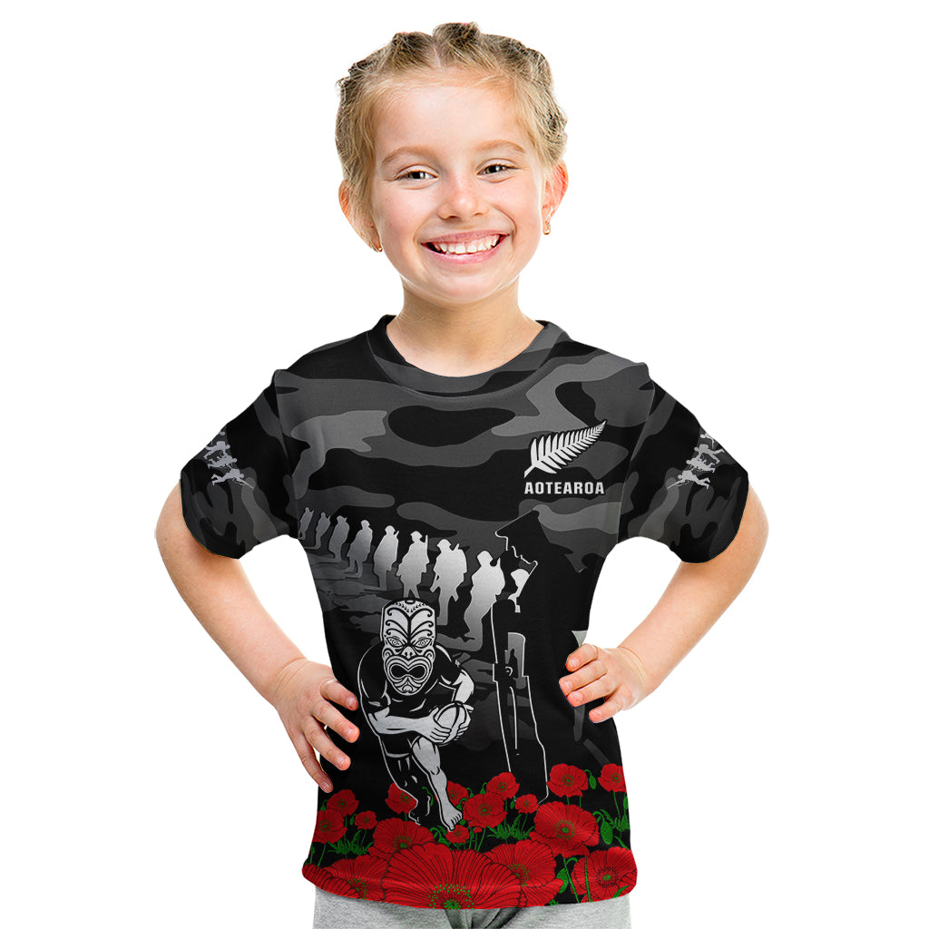 New Zealand ANZAC Rugby Kid T Shirt Silver Fern All Black Camouflage Mix Poppy LT14 Black - Polynesian Pride