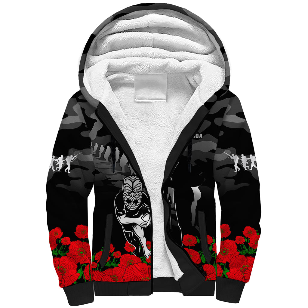 New Zealand ANZAC Rugby Sherpa Hoodie Silver Fern All Black Camouflage Mix Poppy LT14 Unisex Black - Polynesian Pride