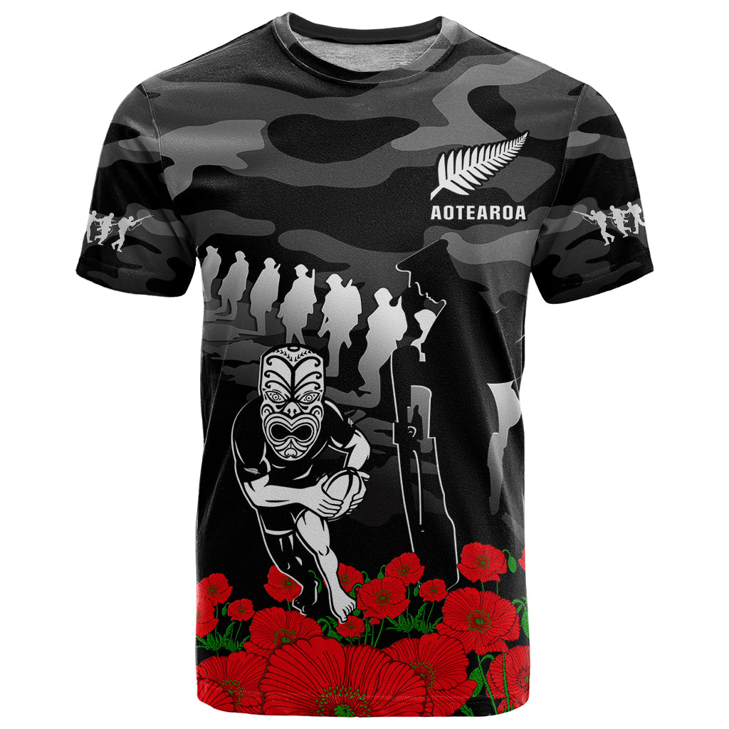 New Zealand ANZAC Rugby T Shirt Silver Fern All Black Camouflage Mix Poppy LT14 Black - Polynesian Pride