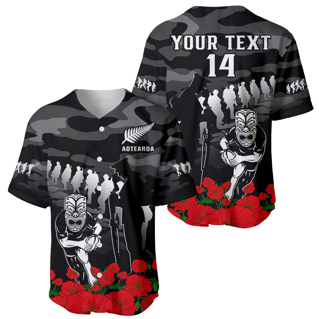 (Custom Text And Number) New Zealand ANZAC Rugby Baseball Jersey Silver Fern All Black Camouflage Mix Poppy LT14 Black - Polynesian Pride